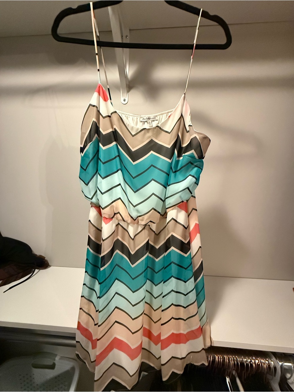 Charlotte Russe Chevron Print Spaghetti Strap Dress in Teal, Coral, and Beige
